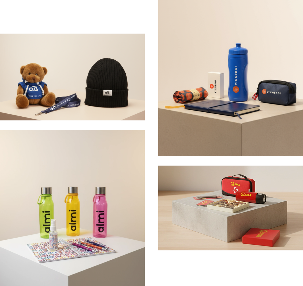 En kollage av företagsrelaterade reklammaterial, inklusive märkesvattenflaskor, kläder (mössa), leksaker (nallbjörn), kontorsmaterial och säkerhetsutrustning (första hjälpen-kit).